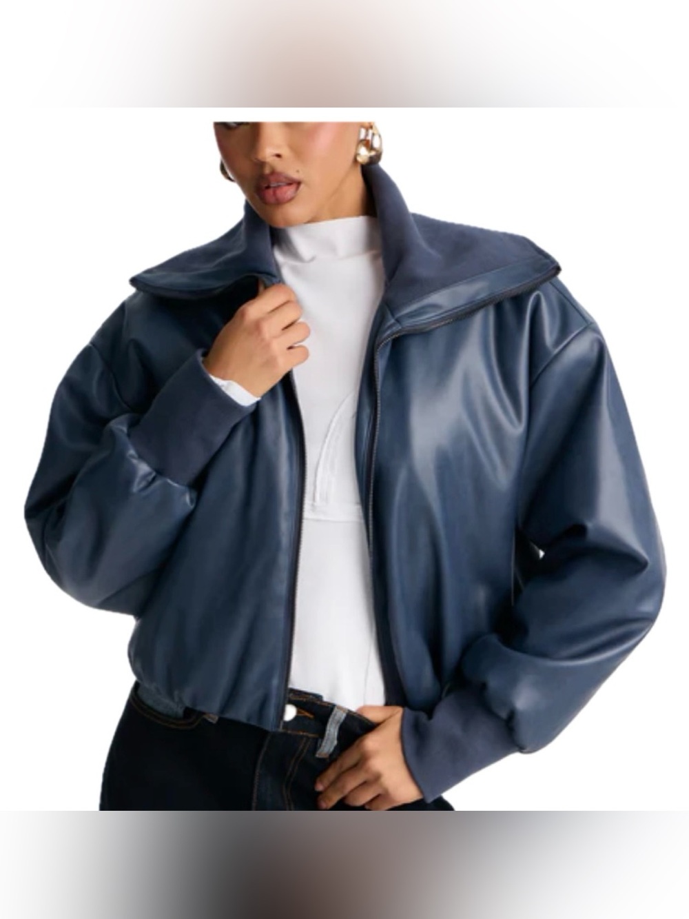 Fashion Nova Navy Faux Leather Bomber Jacket Worn Once